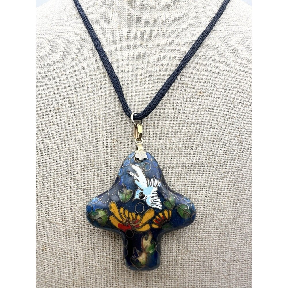 Vintage Cloisonné Flower Bird Pendant Necklace 22” Adjustable